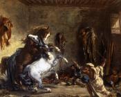 Arab Horses Fighting in a Stable - 欧仁·德拉克洛瓦